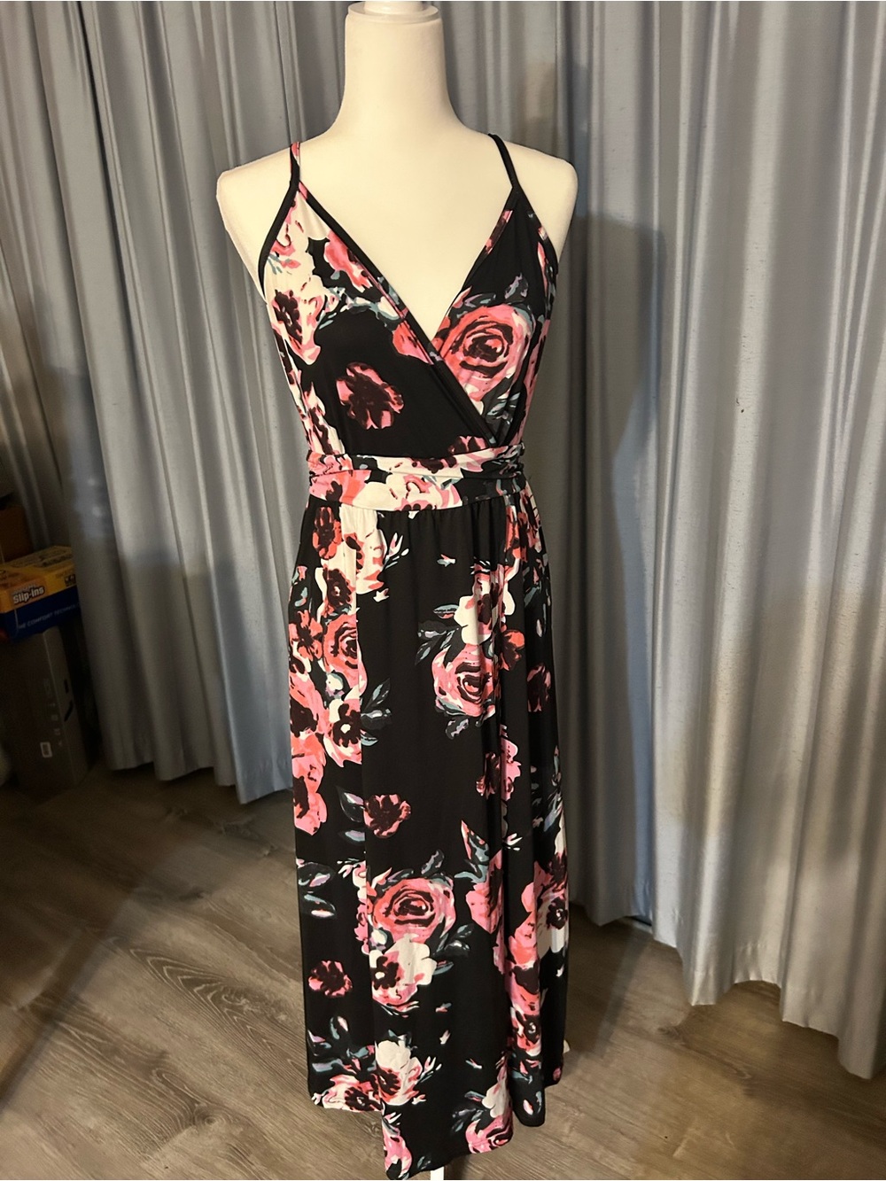 Black Floral Wrap Maxi Dress - Pink Rose Print